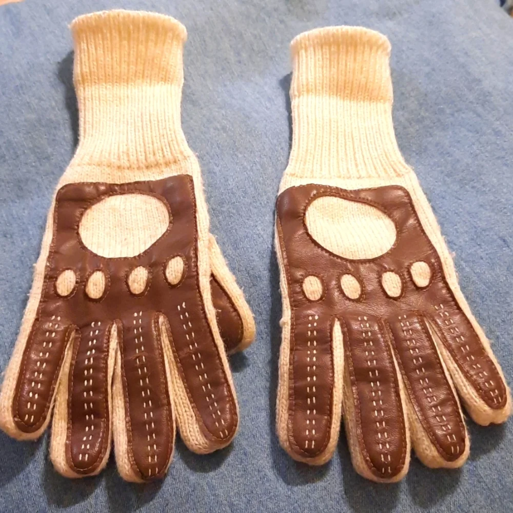 Vintage 1970's winter gloves riding gloves leather and knit motorcycle